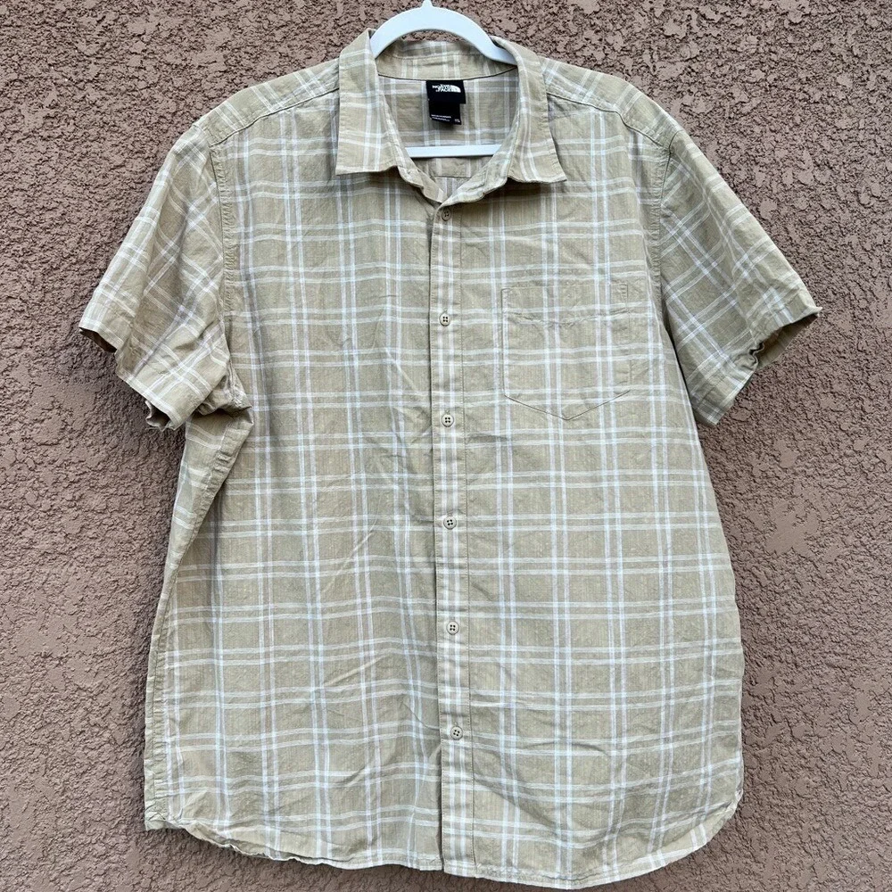 The North Face Men Shirt Size 2XL Tan Plaid Short Sleeve Camp Casual Button Down